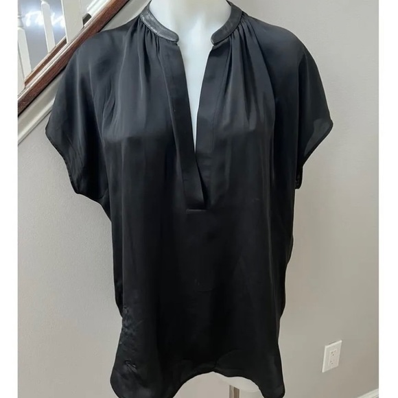 Vince Grey Silk Leather Trim Blouse - M - Picture 1 of 4